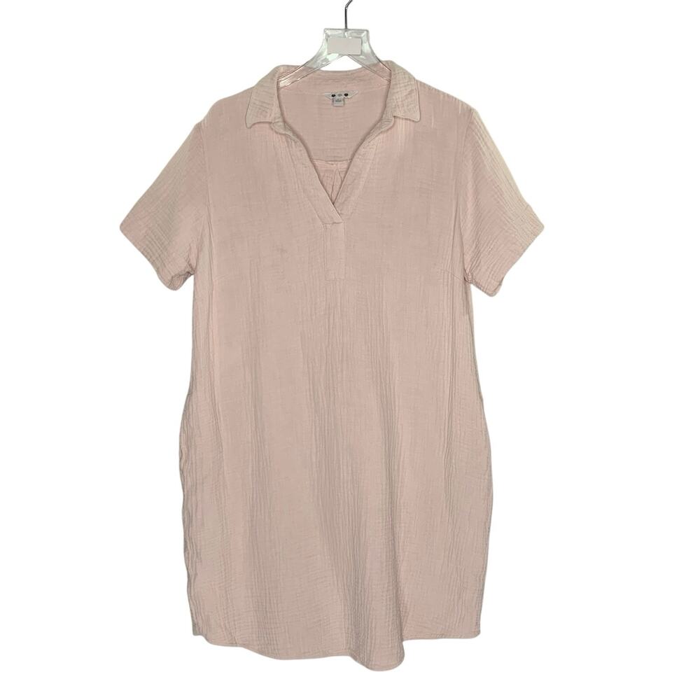 Three Dots Double Gauze Cotton Dress L Dusty Pink Short Sleeve Breathable